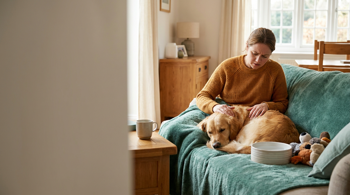 Worried owner comforting a tired dog with diarrhoea on a soft blanket at home