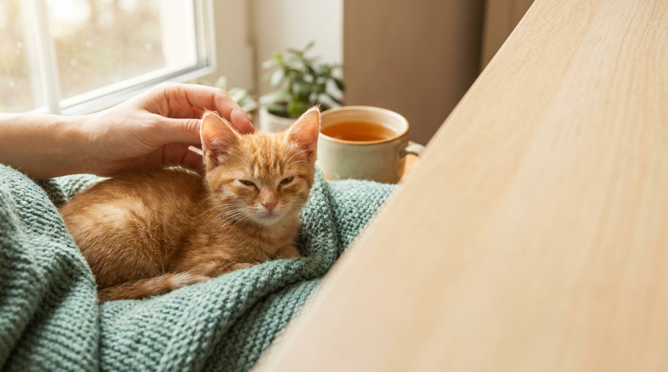 Junges, krankes Kätzchen ruht auf einer weichen Decke – Aufklärung über Katzenseuche (Panleukopenie)