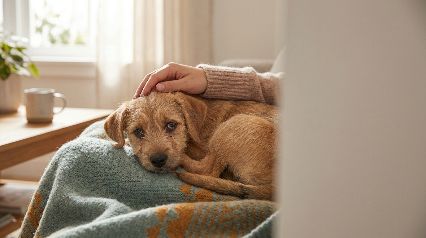 Young, unwell dog resting at home with slightly watery eyes – canine distemper awareness