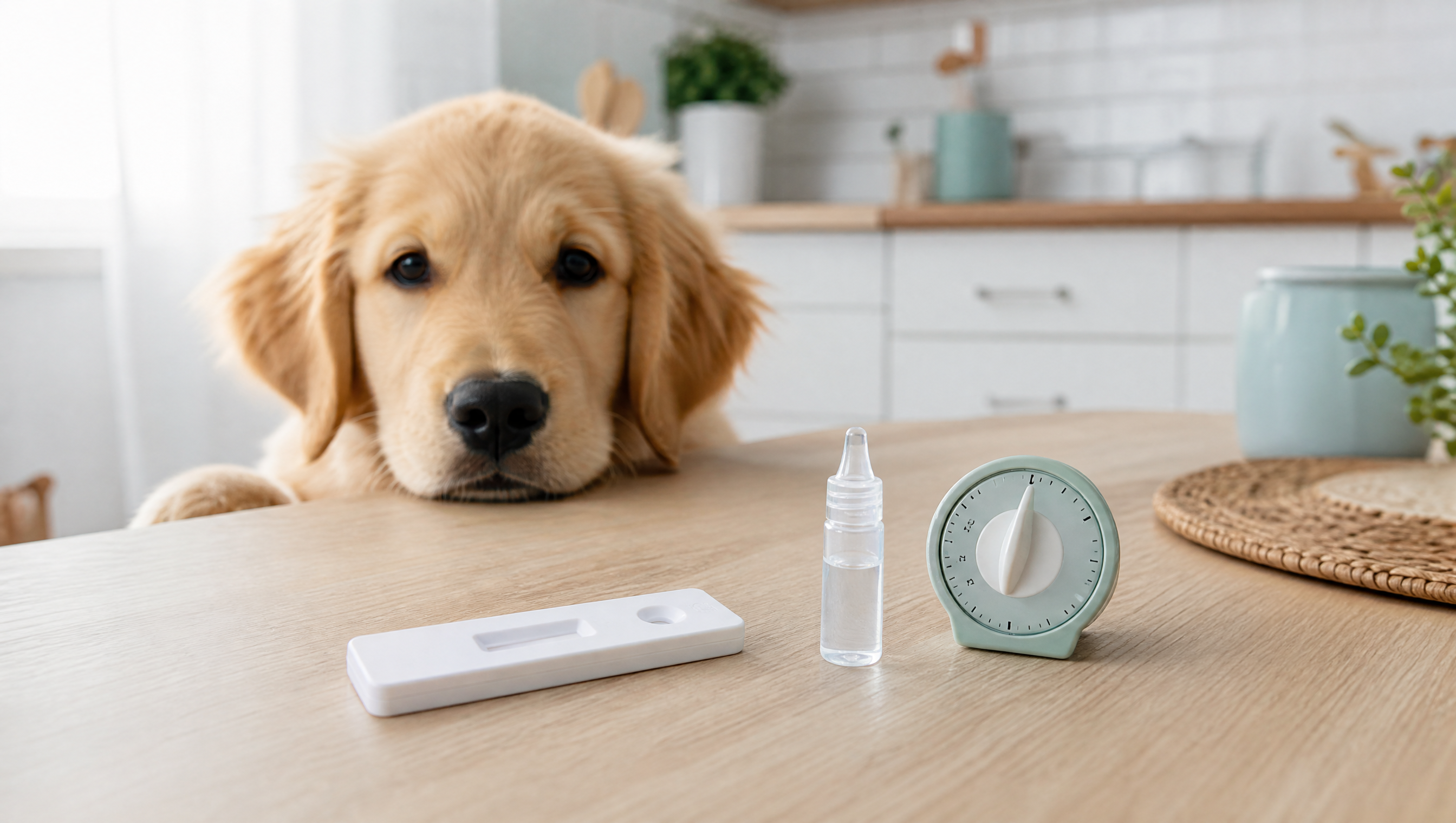 Golden-Retriever-Welpe betrachtet Schnelltest-Kassette, Pipette und Timer auf dem Küchentisch – wie genau ist ein Schnelltest für zu Hause?