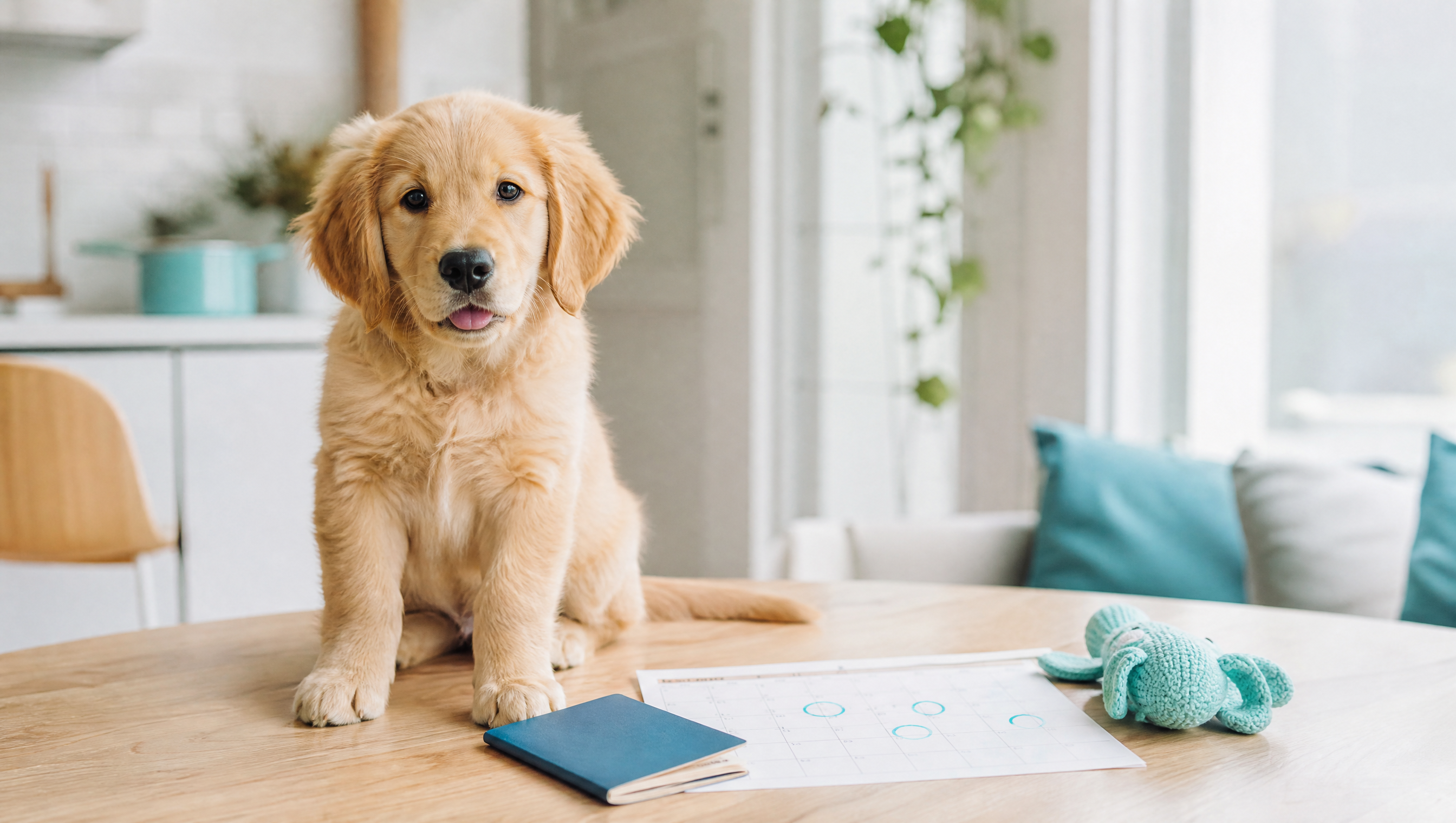 Golden-Retriever-Welpe sitzt auf dem Küchentisch neben Impfpass und markiertem Kalender – Impfplan für Welpen