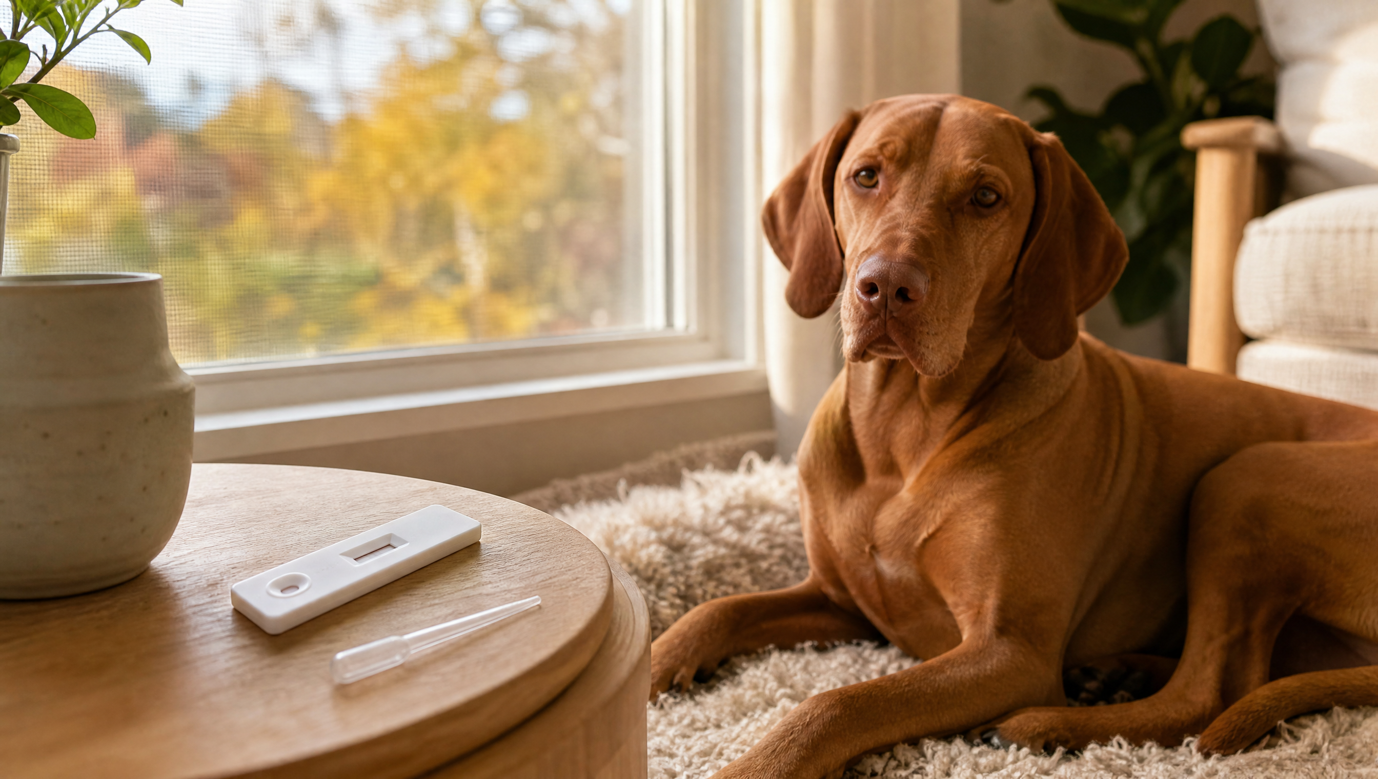 Magyar Vizsla ruht im Wohnzimmer, im Vordergrund eine Herzwurm-Schnelltest-Kassette und eine Pipette