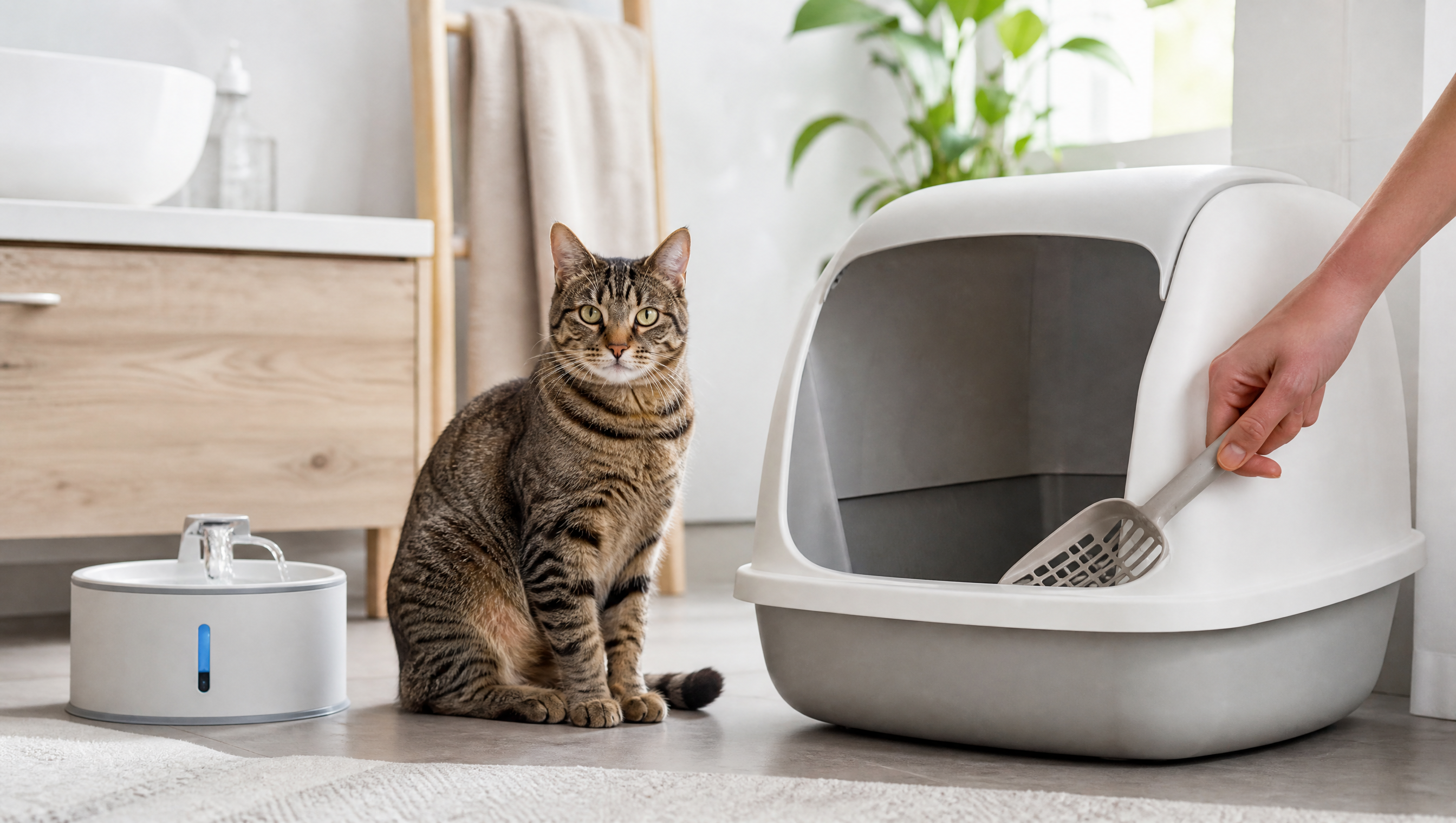 Getigerte Katze sitzt neben der sauberen Katzentoilette, während der Halter sie mit der Streuschaufel reinigt