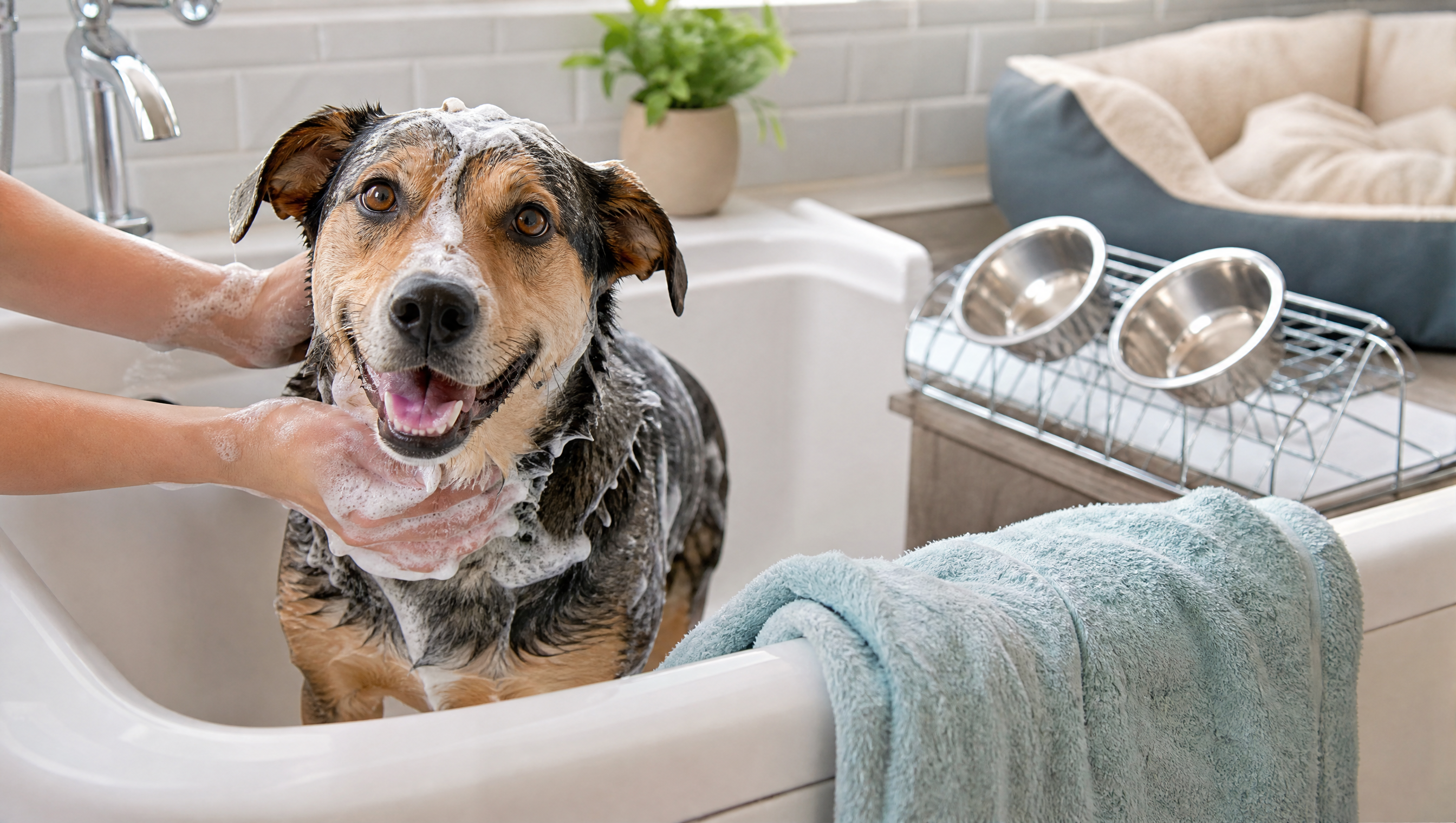 Halter badet einen fröhlichen Hund in der Badewanne, im Hintergrund gespülte Näpfe und ein sauberes Hundebett