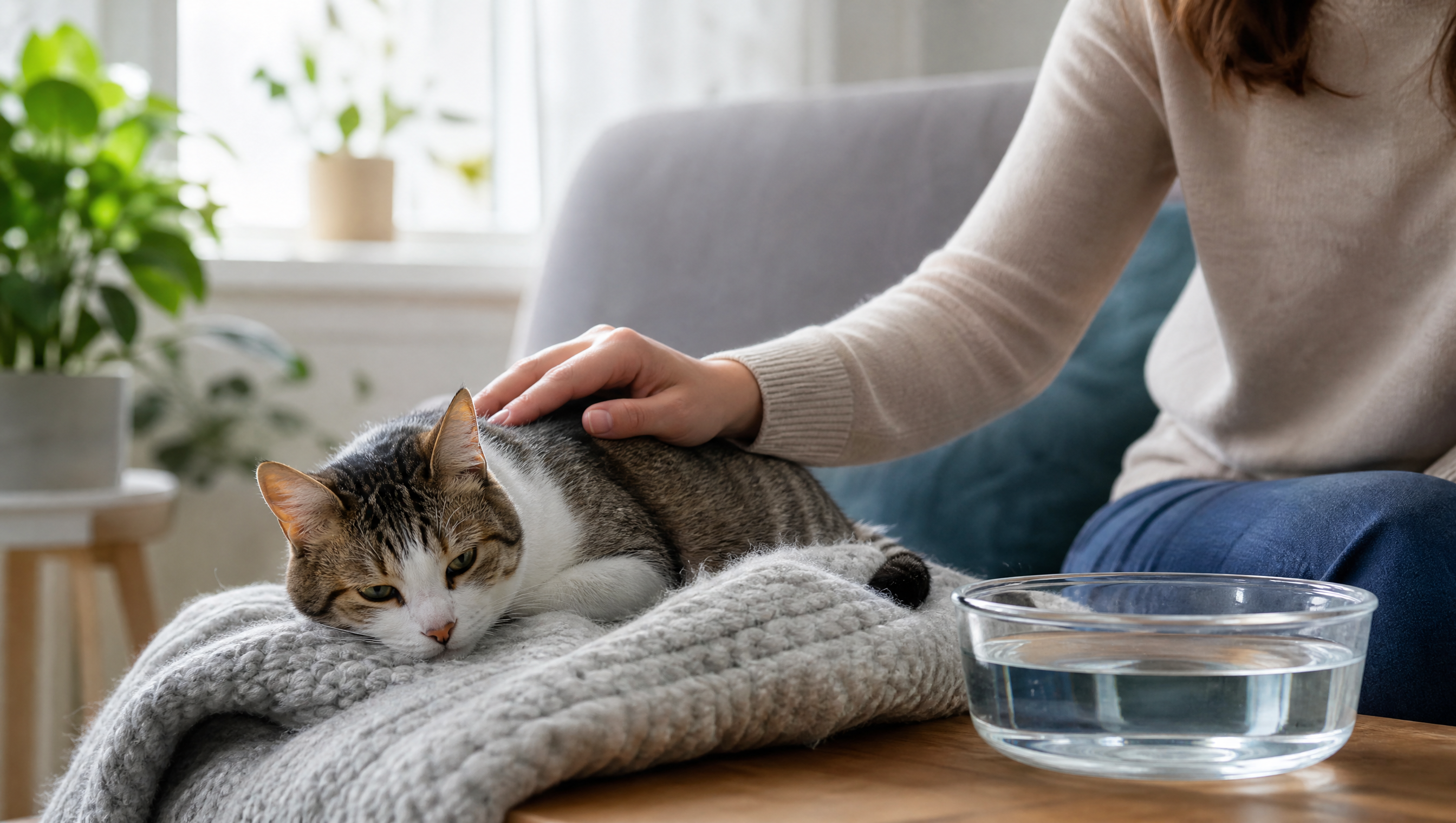 Tired kitten resting on a grey blanket while its owner gently strokes it