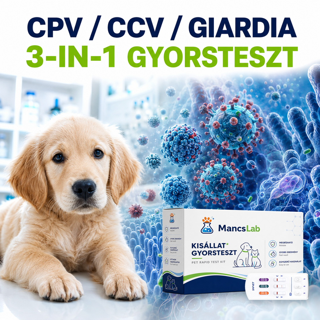 MancsLab CPV/CCV/Giardia 3-in-1 rapid test for dogs – packaging and test cassette