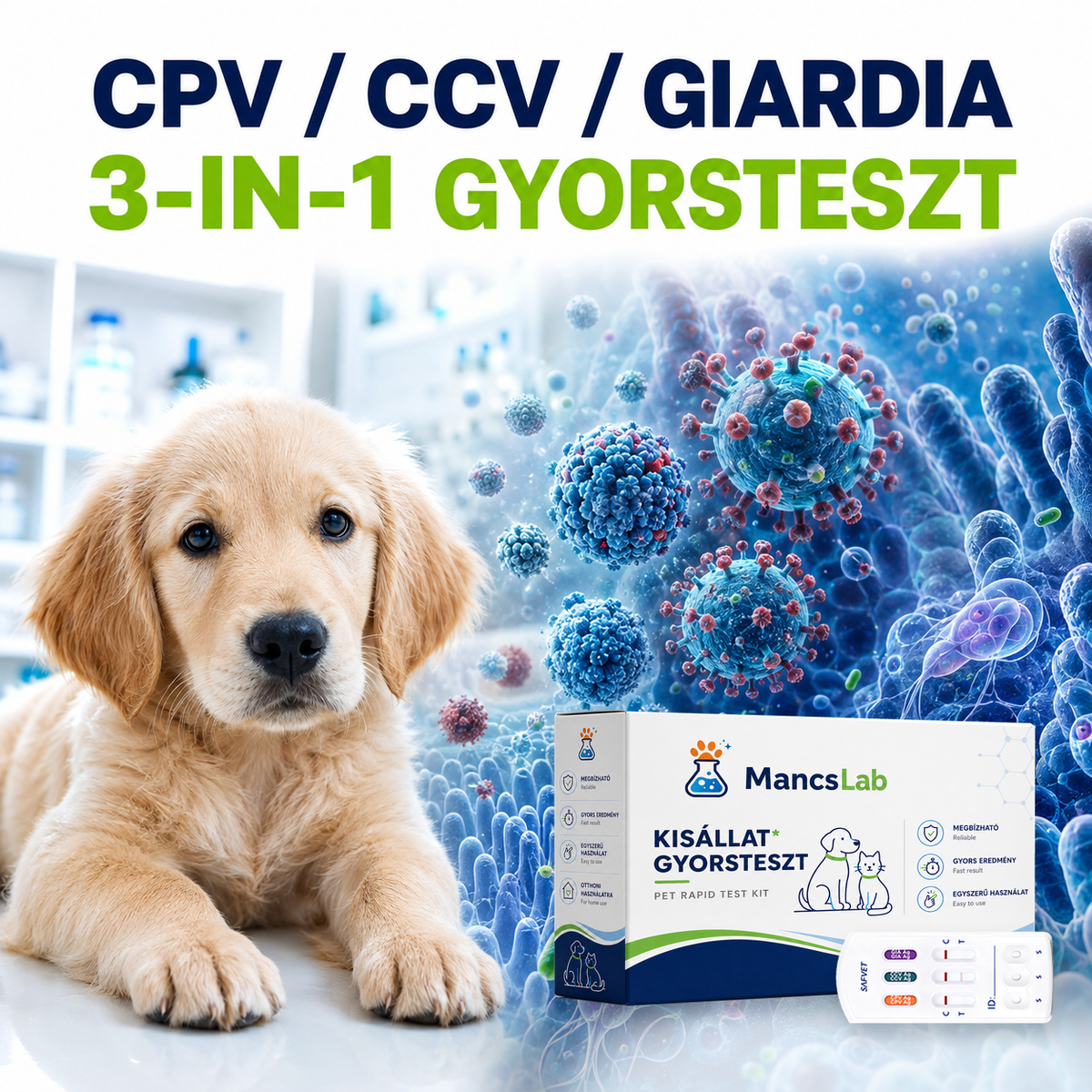 MancsLab CPV/CCV/Giardia 3-in-1 rapid test for dogs – packaging and test cassette
