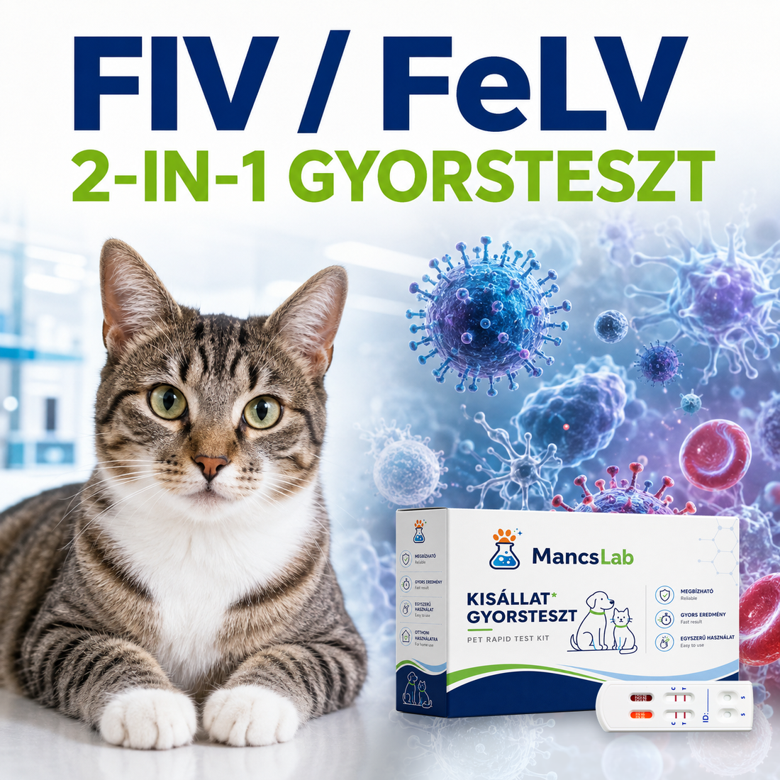 MancsLab FIV-Antikörper/FeLV-Antigen-Kombinationstest für Katzen – Verpackung und Testkassette