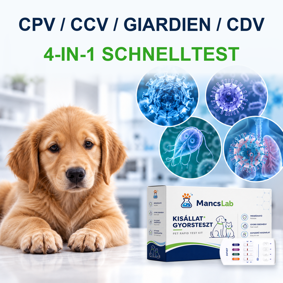 MancsLab CPV/CCV/Giardien/CDV 4-in-1 Schnelltest für Hunde – MancsLab-Verpackung und Safvet-Kassette, deutsche Beschriftung